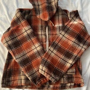 brown and orange plaid jacket